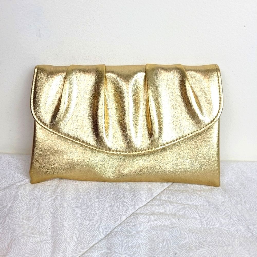 Vintage Elegant Gold Envelope Clutch Bag Fold over Flap Snap Closure Fancy Girly